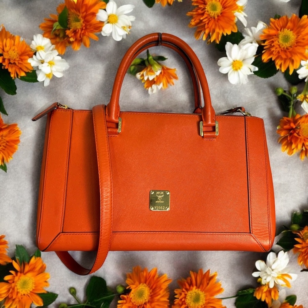 MCM Orange Saffiano Leather Top-Handle Satchel